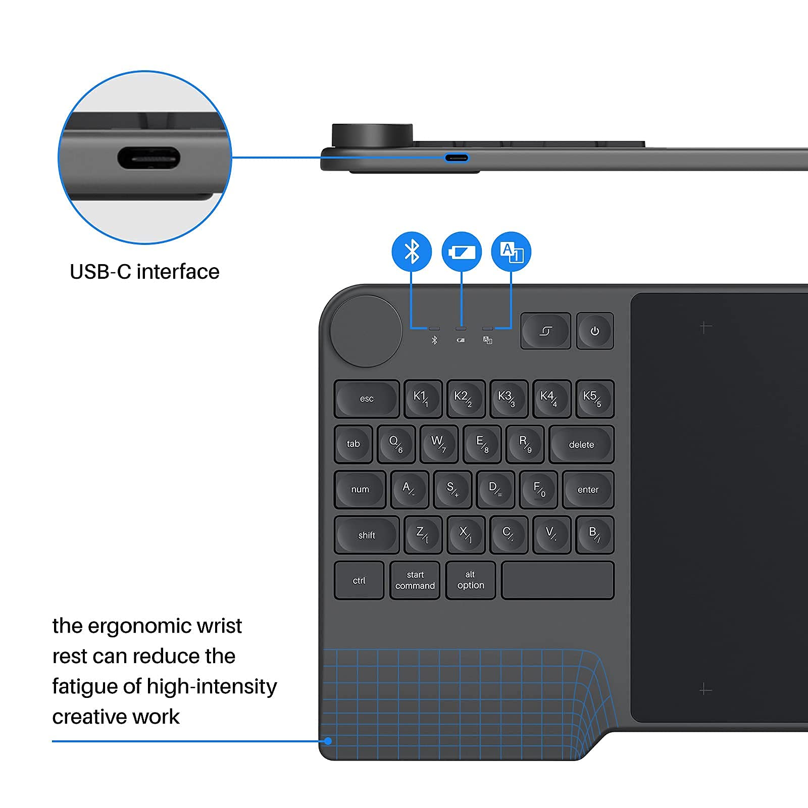 HUION Inspiroy Keydial KD200 Wireless Drawing Tablet, Bluetooth Graphic Tablet with Keyboard Dial 5 Customized Express Keys Battery-Free Pen, 8.9x5.6inch Art Tablet Work with Windows, Mac, Android - Image 5